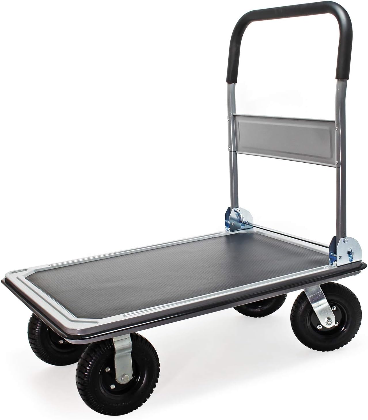 Wiltec Platform trolley up to 300 kg platform truck with robust pneumatic tyres and folding handle, flexible magazine trolley 89x61x98 cm with side protection and non-slip