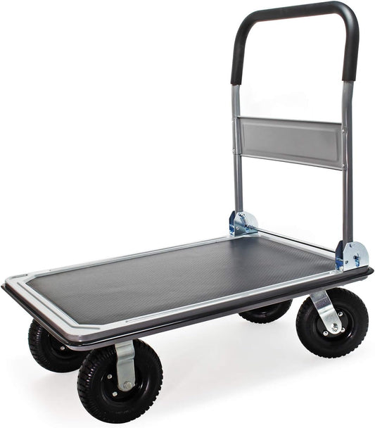 Wiltec Platform trolley up to 300 kg platform truck with robust pneumatic tyres and folding handle, flexible magazine trolley 89x61x98 cm with side protection and non-slip