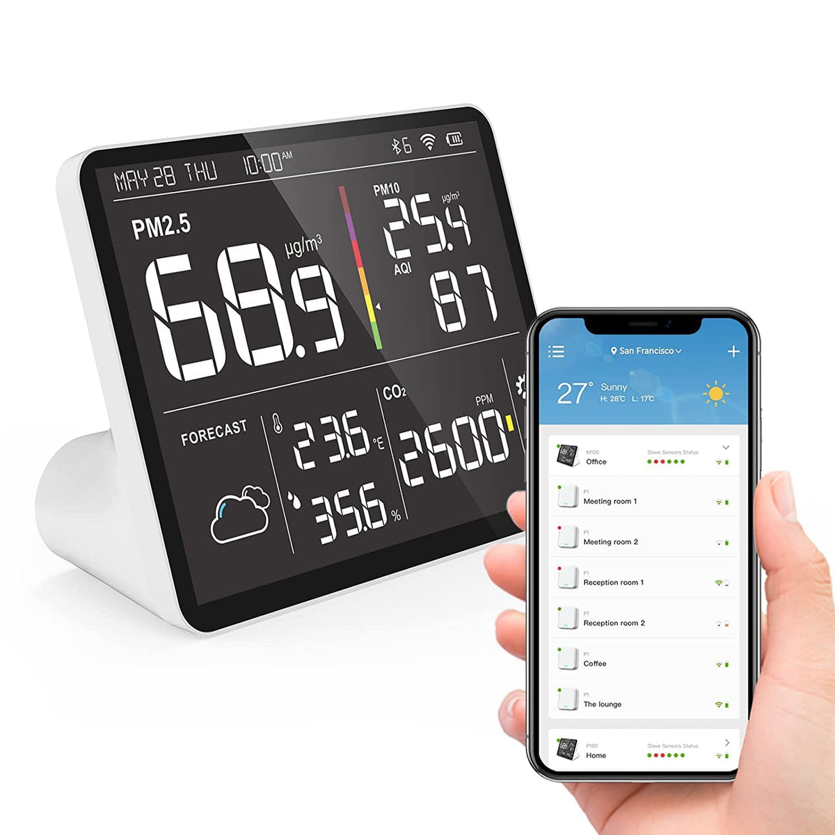 Temtop Weerstation, draadloze weerthermometer met meerdere sensoren, wifi Smart Air Station, Home Air Quality Monitor, M100