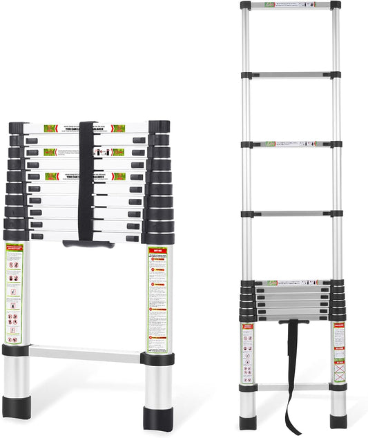 Rikade Telescopische ladder en zolderladder, 3,2 m, robuust aluminium met antislipvoeten, 150 kg capaciteit voor camper, zolder, dak en multi-oppervlak gebruik