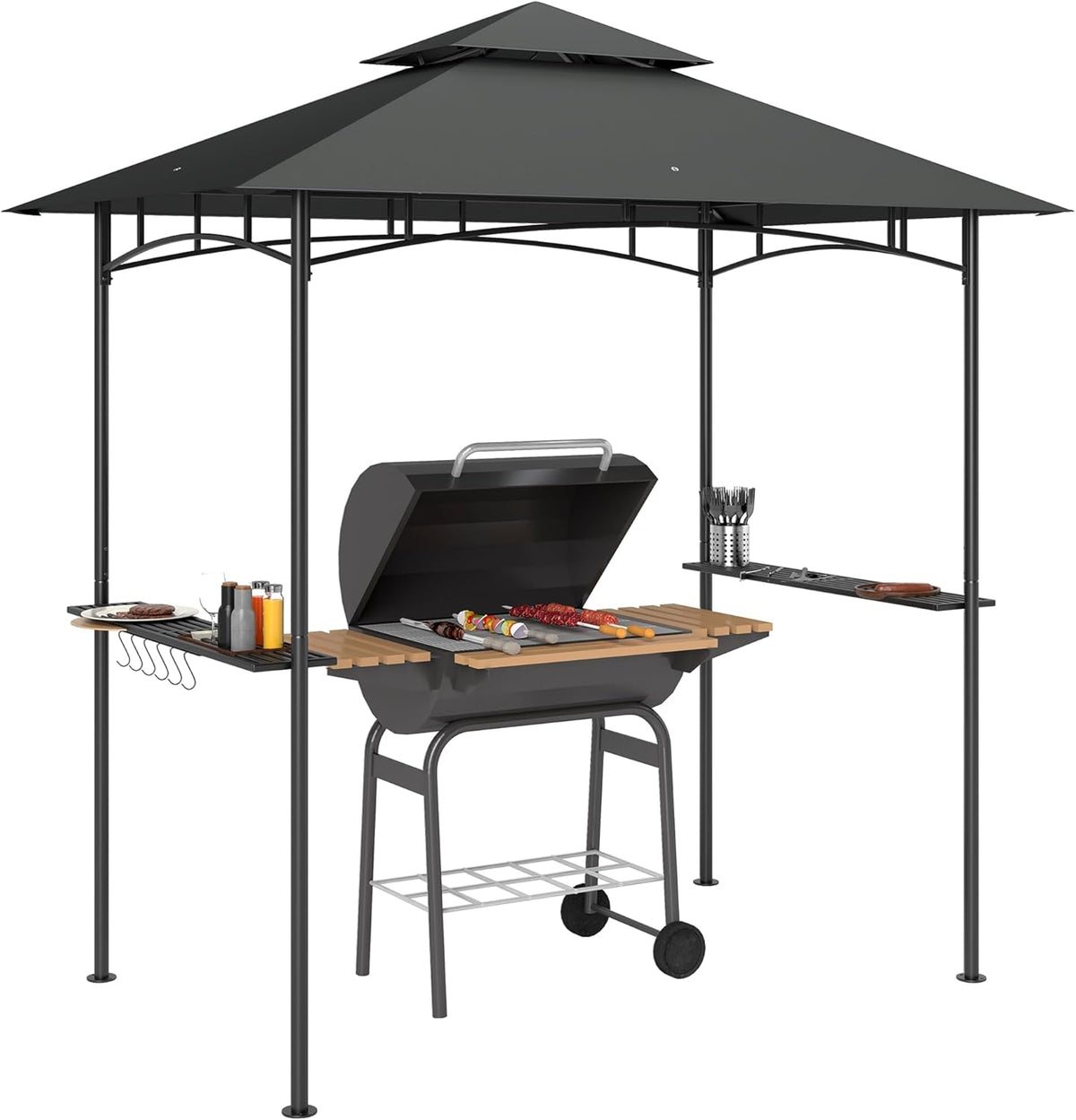 Grillpaviljoen – Barbecue Overkapping – BBQ Shelter – Tuinpaviljoen – Partytent – Waterafstotend & Vlamvertragend – Dubbellaags Dak met LED Verlichting 240x150x258 cm