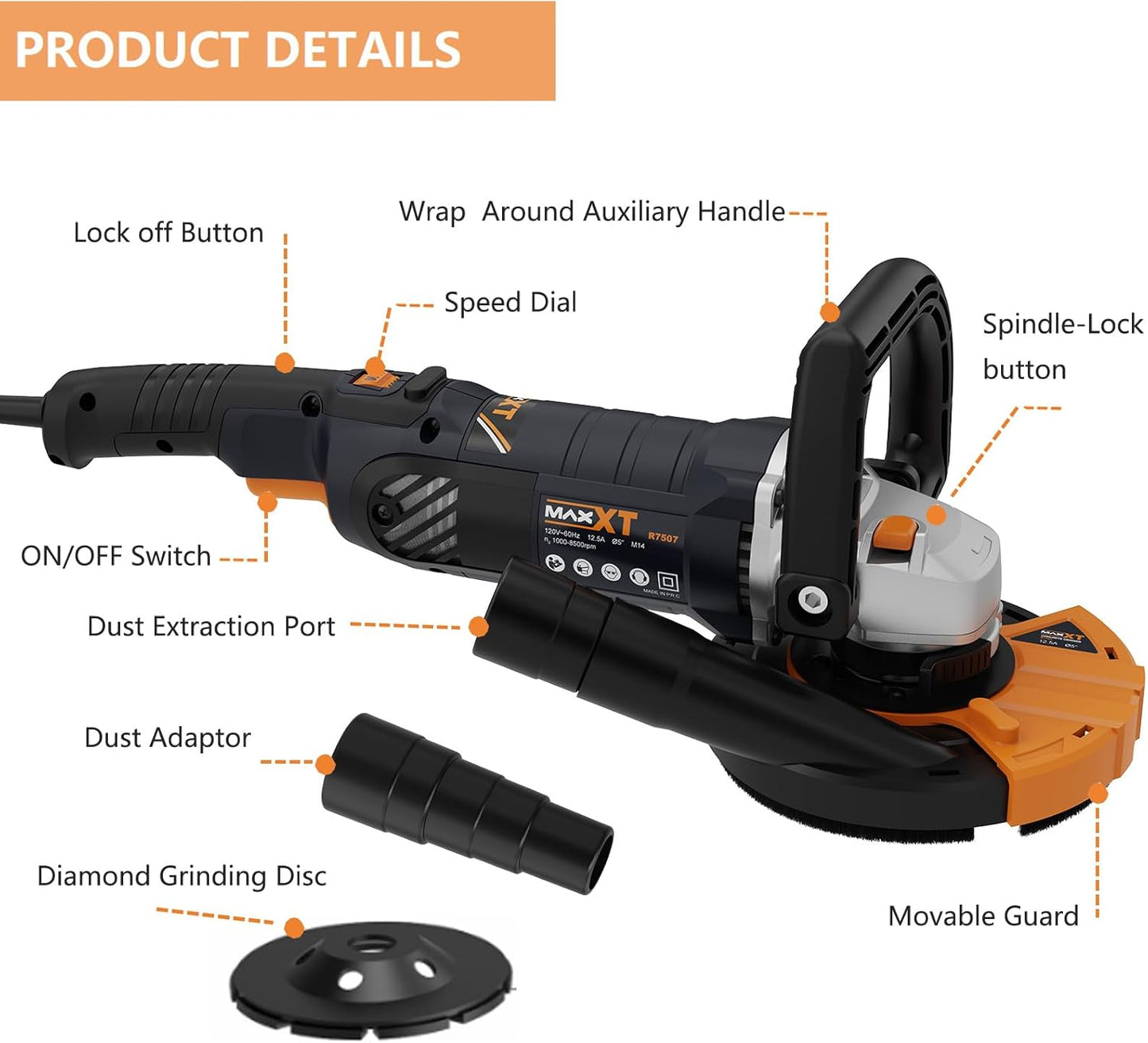 MAXXT Betonschuurmachine 1500 W – 1000 – 8500 omw/min, 7 instelbare snelheden, afneembare bescherming, 2 diamantslijpschijven meegeleverd