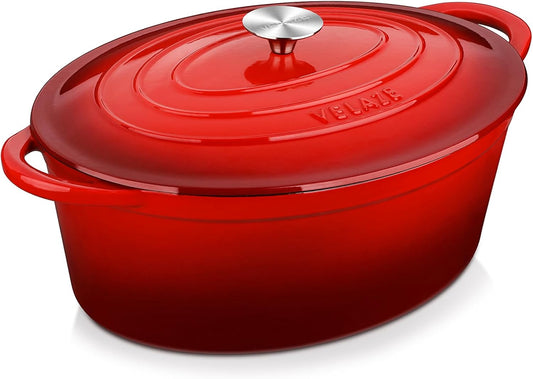 Velaze Oval Cast Iron Casserole with Lid 34 cm, 7 Litre Enamel Pan, Bread Pan with Lid, Stew Pan Suitable for All Heat Sources - QUORE