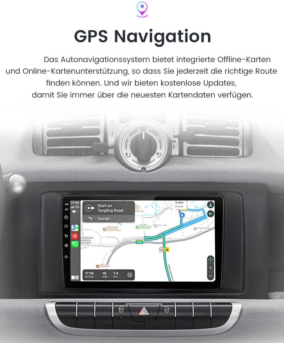 Android autoradio met GPS-navigatie, HD-scherm, touch-display, parkeercamera, nachtzicht, HD achteruitrijcamera voor Smart Forfour 4 Hatchback 453 2014/11-2024/12/Smart Fortwo II Cabriolet Coupe 453