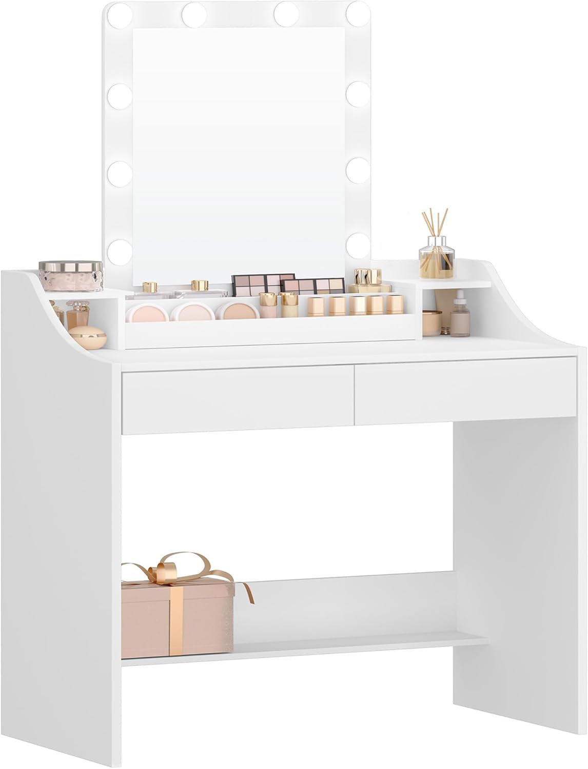 Hzuaneri Dressing Table 90cm with LED Lighting, Adjustable Brightness, Dressing Table with Mirror, Sideboard with 2 Drawers and 2 Open Compartments, Modern, WhiteDT40703X