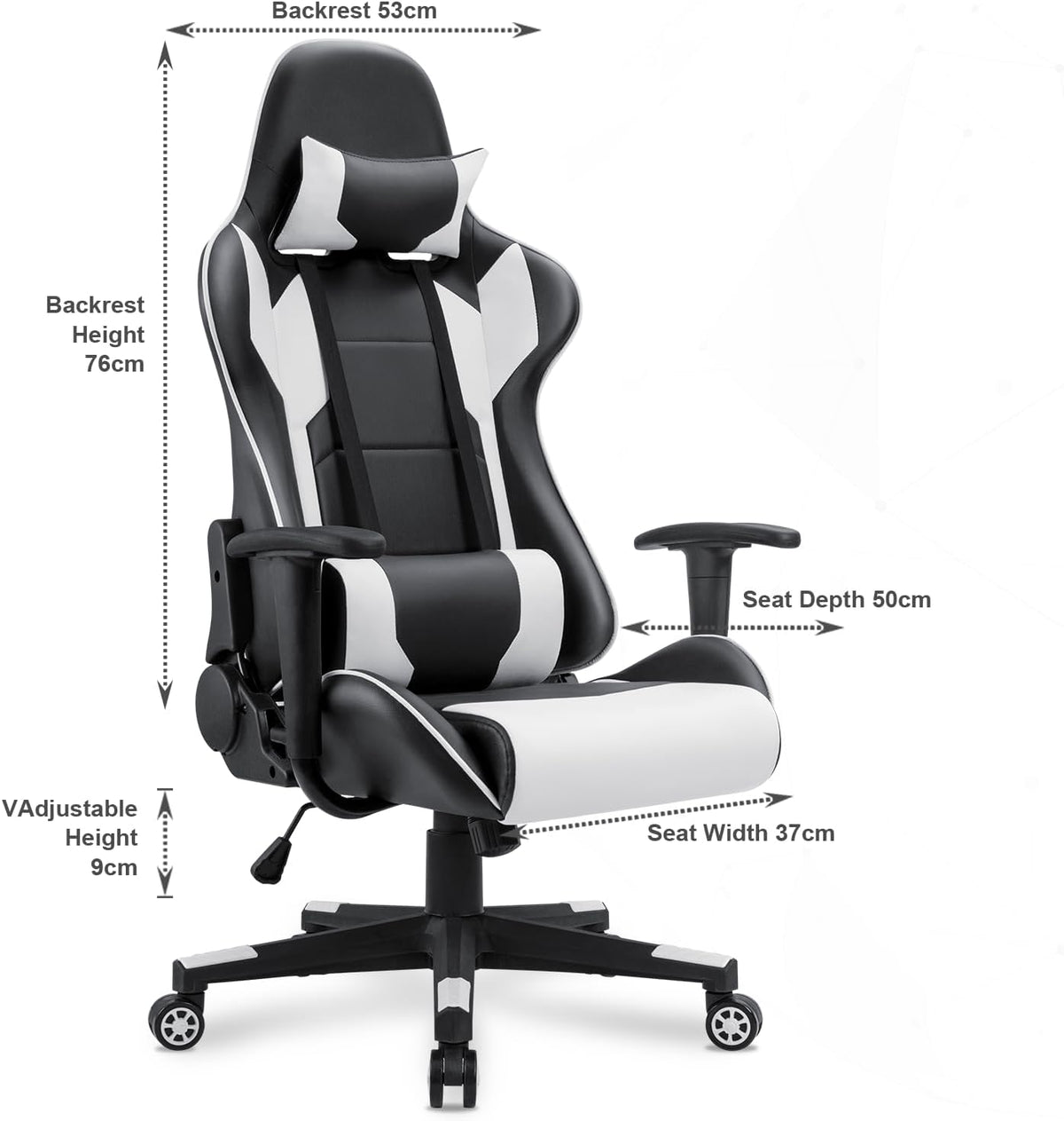 Homall Gamingstoel, bureaustoel, draaibare racestoel, computerstoel, pc-gamerstoel, ergonomisch ontwerp, zwaar belastbare stoel, hoge rugleuning ligstoel met kussen en rugsteun (wit)