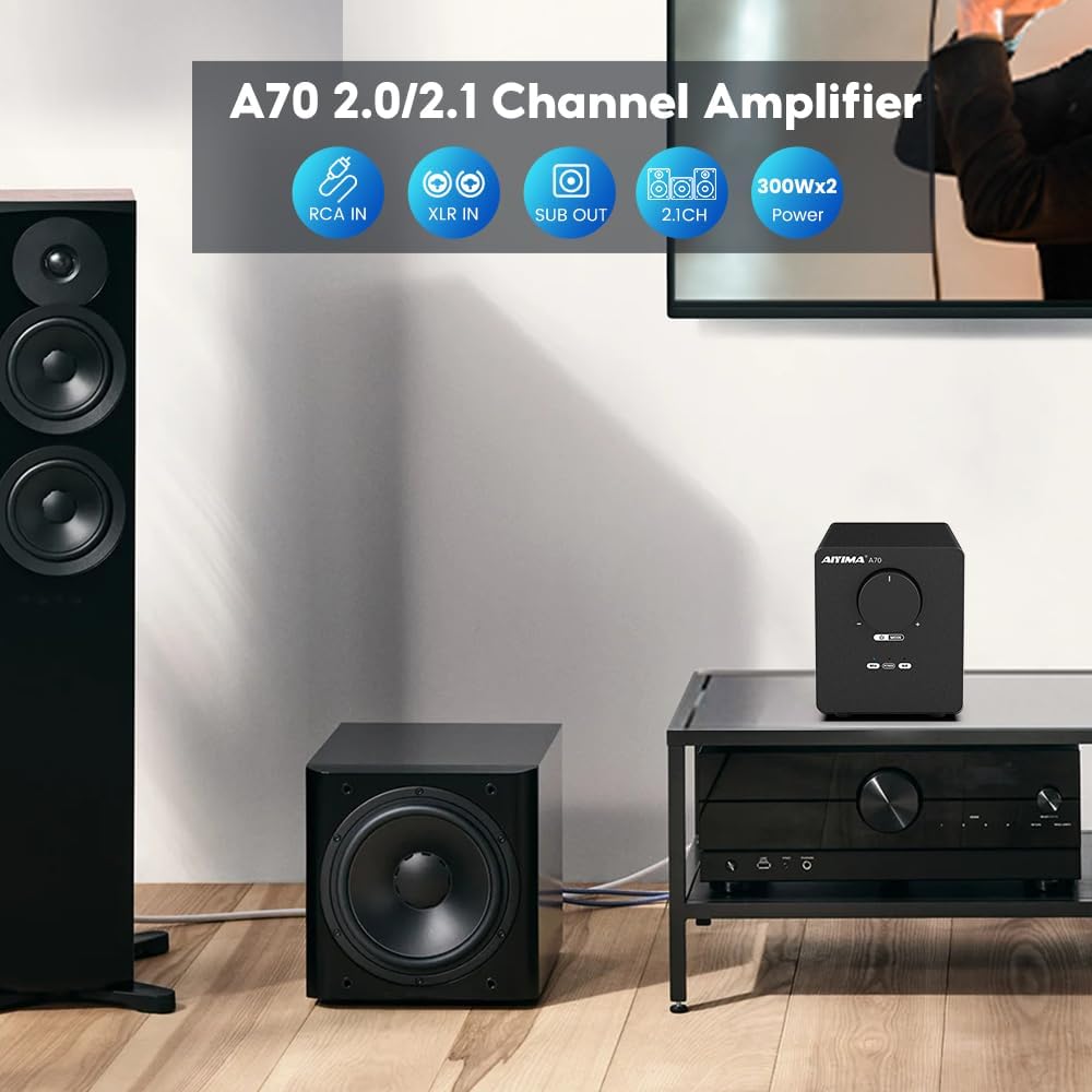 AIYIMA A70 symmetrische stereo-versterker met PFFB 4 ohm 300 Watt TPA3255 2.0-kanaals klasse D-versterker voor thuisbioscoopluidspreker met XLR- en RCA-ingangen en trigger-ingang DC48V 5A