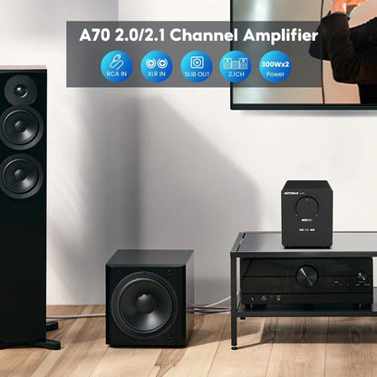 AIYIMA A70 symmetrische stereo-versterker met PFFB 4 ohm 300 Watt TPA3255 2.0-kanaals klasse D-versterker voor thuisbioscoopluidspreker met XLR- en RCA-ingangen en trigger-ingang DC48V 5A