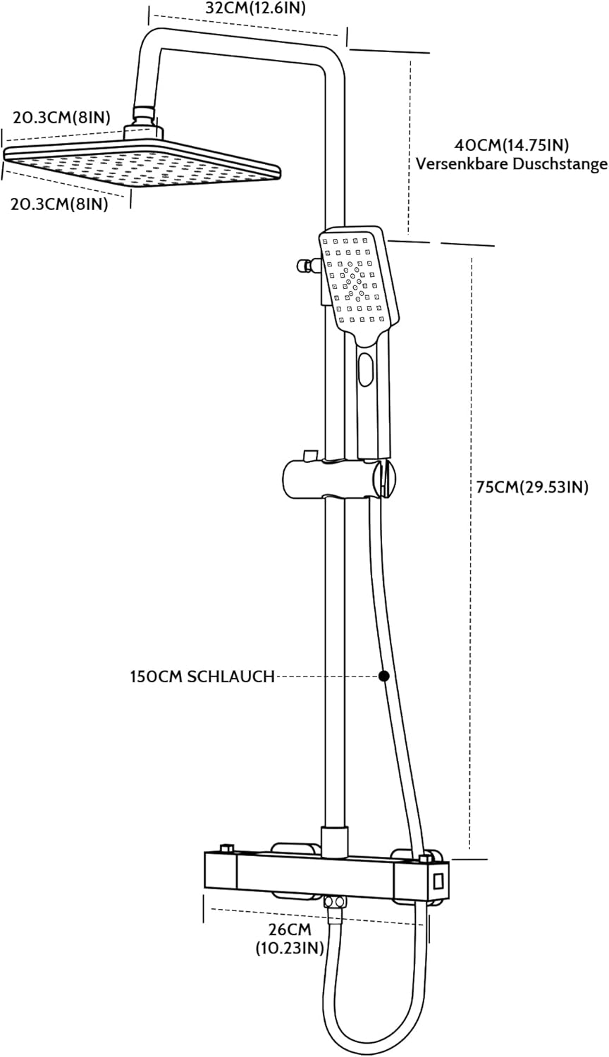 MORADO Thermostatische doucheset, in hoogte verstelbaar thermostatisch douchesysteem, douchestangset met regendouche en 3-functies handdouche, verchroomd, vierkante vorm