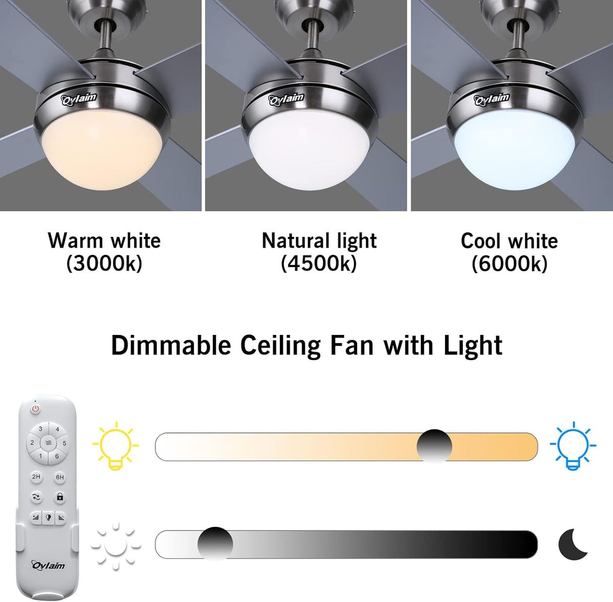 Ovlaim 122cm Moderne plafondventilator met LED-verlichting (3 kleuren) en afstandsbediening (6 snelheden), energiezuinige DC-motor superstil, geschikt voor zomer & winter (ventilatie-effect) - Zilver