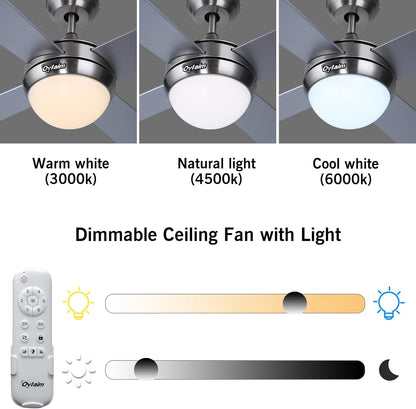 Ovlaim 122cm Moderne plafondventilator met LED-verlichting (3 kleuren) en afstandsbediening (6 snelheden), energiezuinige DC-motor superstil, geschikt voor zomer & winter (ventilatie-effect) - Zilver