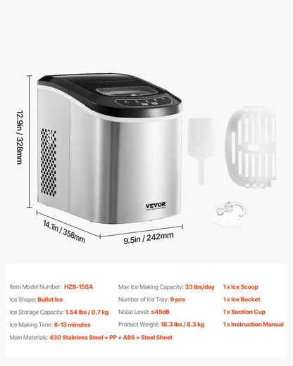 VEVOR Ice Cube Maker, 9 Ice Cubes in 6 Minutes, 15 kg in 24 Hours Portable Self Cleaning with Scoop and Ice Basket for Home, Kitchen, Office, Bar - QUORE