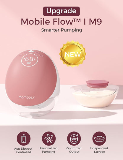 Momcozy Handsfree Draagbare Elektrische Borstkolf, Mobile Flow | M9 Verbeterd, App-Besturing met Aangepaste Modi en 15 Niveaus, Dubbel Afgesloten 24 mm (1, Rood)