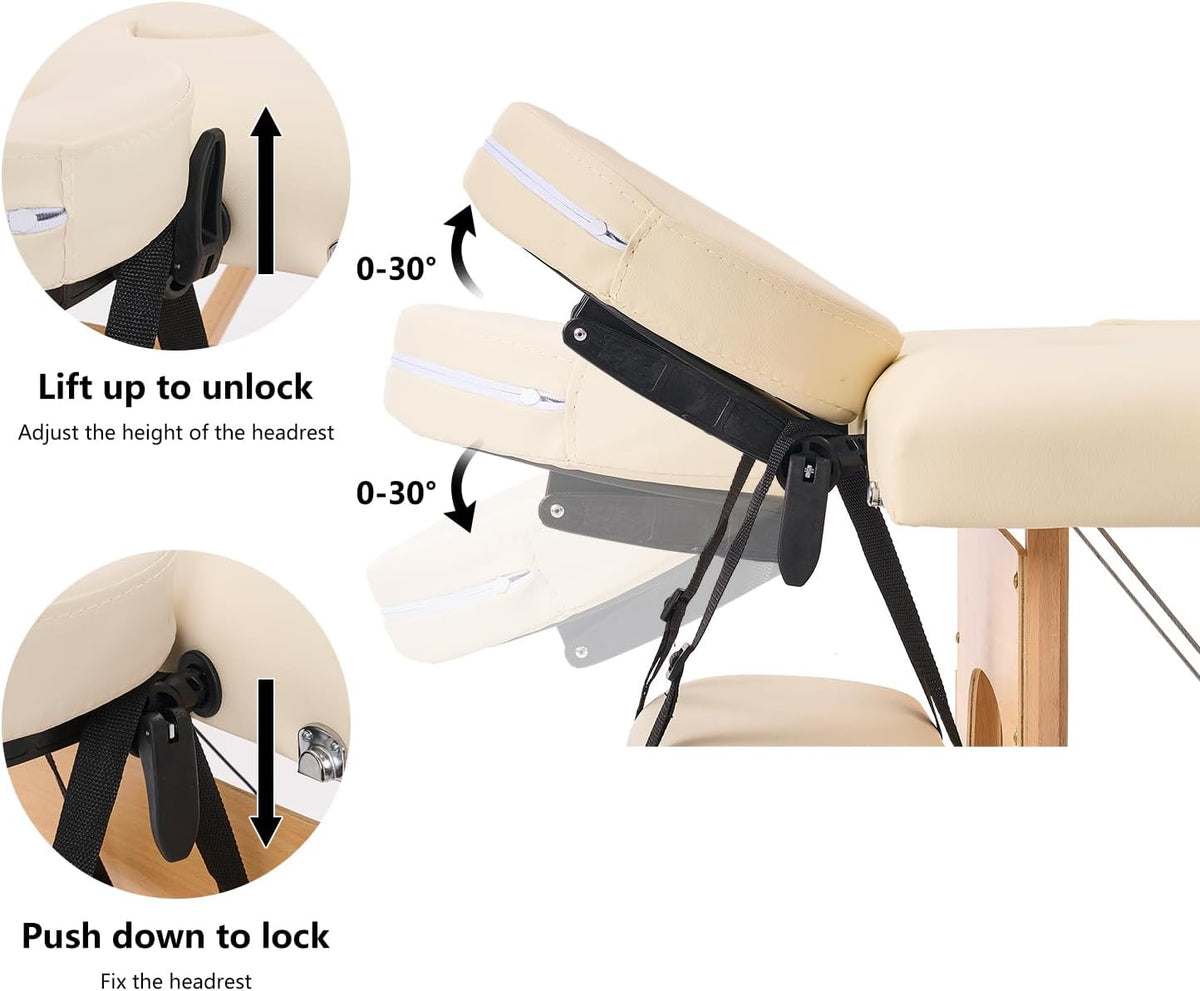 YOUNIKE Professionele opvouwbare massagetafel, 60 cm, breedte, esthetisch, professioneel, hout, verzorgingstafel, tattoo, armleuningbed, massage, tafel, wimpers, draagbaar, 2 secties, beige