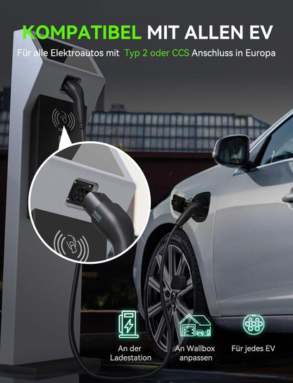 Oplaadkabel voor elektrische auto, type 2, 16 A/11 kW/3-fasig/5 meter, elektrische auto oplaadkabel type 2 naar type 2, EV oplaadkabel voor E auto EV/PHEV modus 3 type 2 oplaadkabel compatibel met