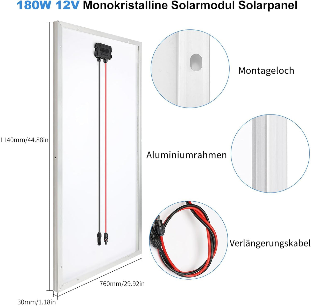 180W Zonnepaneel 12V Monokristallijn Zonnepaneel Zonnecel Kit: 180 Watt Zonnepaneel met 20A Bluetooth Zonne-laadregelaar + 5M Zonnekabel + Z-brackets voor Campers, Boten, Tuinhuisjes
