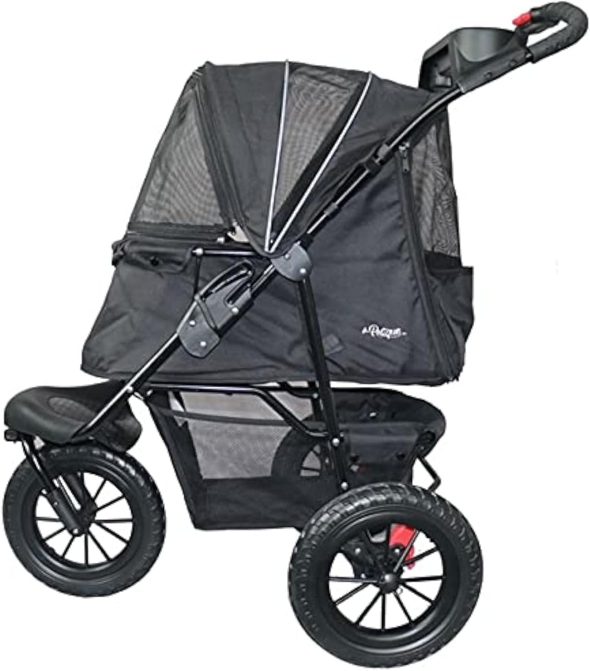 PETIQUE Chinook Zwart | Luxe hondenwandelwagen | Vouwen met één hand | 12" Eva-banden voor en achter voor extra comfort | Reflecterende binding | Houdt huisdier tot 23 kg | Dierendrager