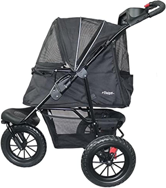 PETIQUE Chinook Zwart | Luxe hondenwandelwagen | Vouwen met één hand | 12" Eva-banden voor en achter voor extra comfort | Reflecterende binding | Houdt huisdier tot 23 kg | Dierendrager