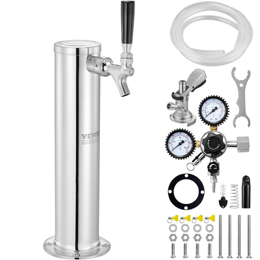 VEVOR Kegerator-toren-kit, enkele tap kraan-bierombouwset, roestvrijstalen biertoren tapsysteem met dubbele meter W21.8-regelaar en A-systeem vatkoppeling, bierdruppelbak voor feestjes thuis