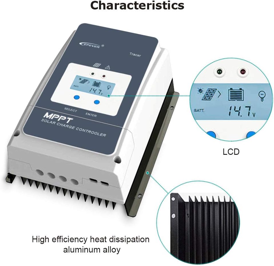 EPEVER 50A MPPT Solar Charge Controller 12V/24V/36V/48V met LCD Display, Open Circuit Voltage tot 150V voor Sealed, GEL, Flooded en User - Tracer 5415AN