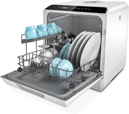 Mini-vaatwasser tafelvaatwasser, te gebruiken met en zonder wateraansluiting, 43 cm breed, plaats voor 4 couverts, te gebruiken op de camping, 175 kWh/jaar, wit