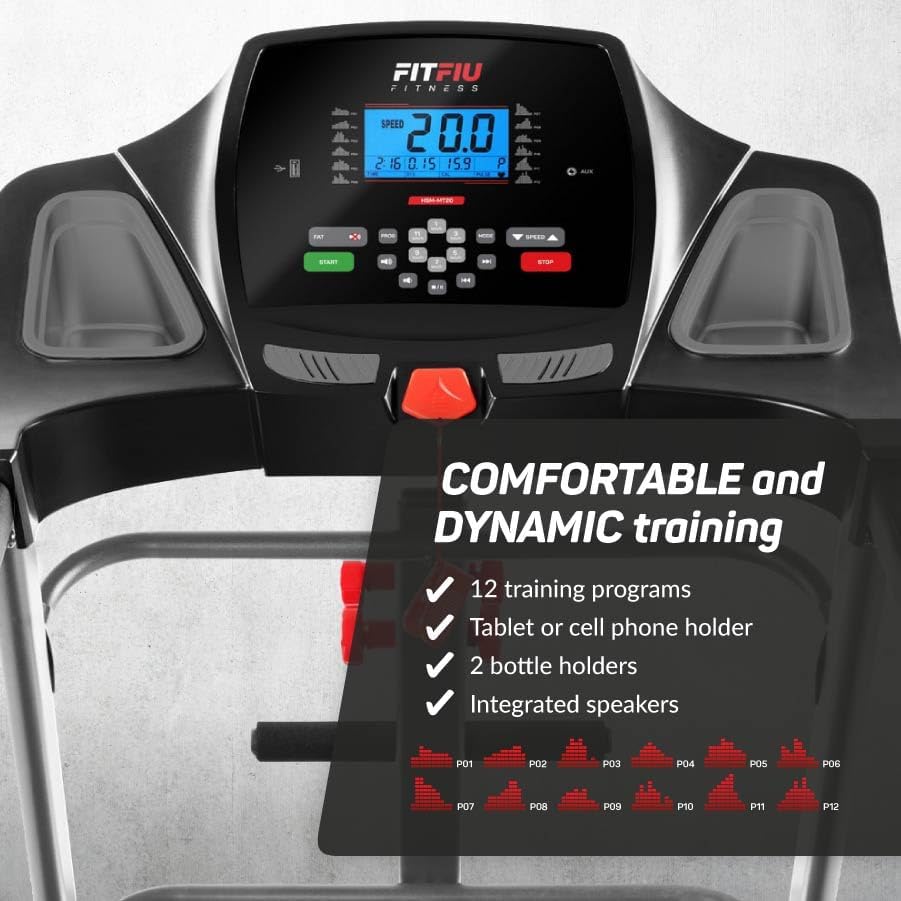 FITFIU Fitness - Hydraulisch opvouwbare loopband, verstelbare helling met 3 niveaus, 20km/h, 12 programma’s, APP Kinomap- en Bluetooth-verbinding, 2200W, loopvlak 41x122cm