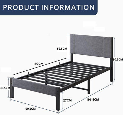 DUMEE Bedframe voor eenpersoonsbed, van metaal met hoofdeinde en plank, 0,9 m, gevoerd metalen frame met verbeterde ondersteuning, geen veren, geen lawaai, eenvoudige montage, grijs