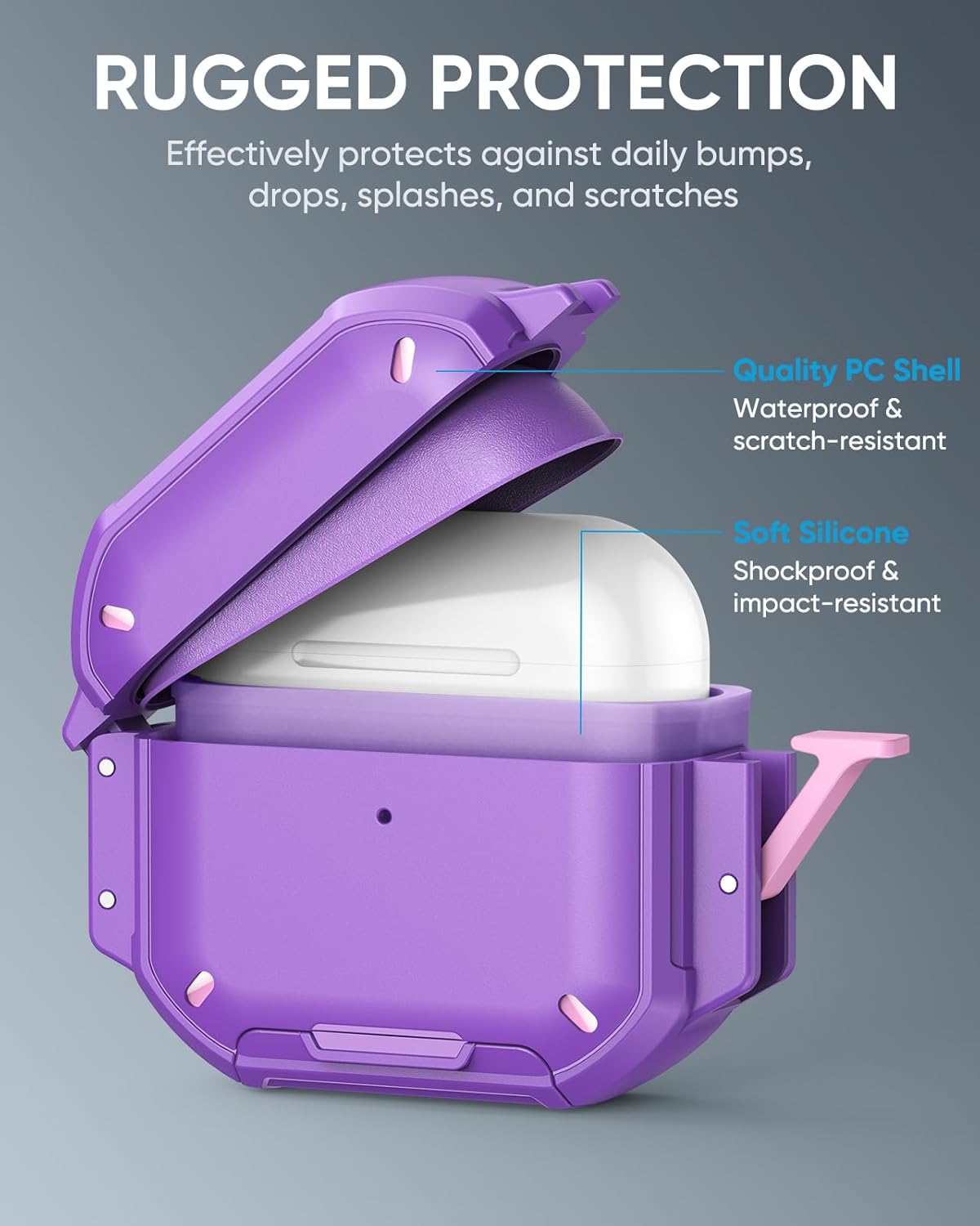 MoKo Case Compatible with AirPods Pro 3 Case with Secure Lock - IP68 Waterproof & Military-Grade Cover for iPods Pro 3, Protective Earpods Pro 3 Cover with Keychain, Phone Stand & Cleaner Kit, Purple