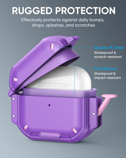MoKo Case Compatible with AirPods Pro 3 Case with Secure Lock - IP68 Waterproof & Military-Grade Cover for iPods Pro 3, Protective Earpods Pro 3 Cover with Keychain, Phone Stand & Cleaner Kit, Purple