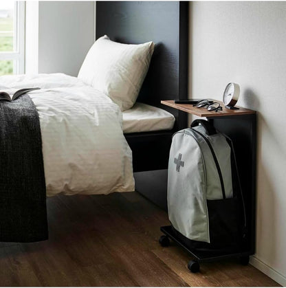 Yamazaki 1416 TOWER Tavolino Laterale Semichiuso con Piano in Legno e Ruote, nero,Acciaio/Legno/Nylon, minimalistisch, 22 x 31 x 55 cm (L x L x A)