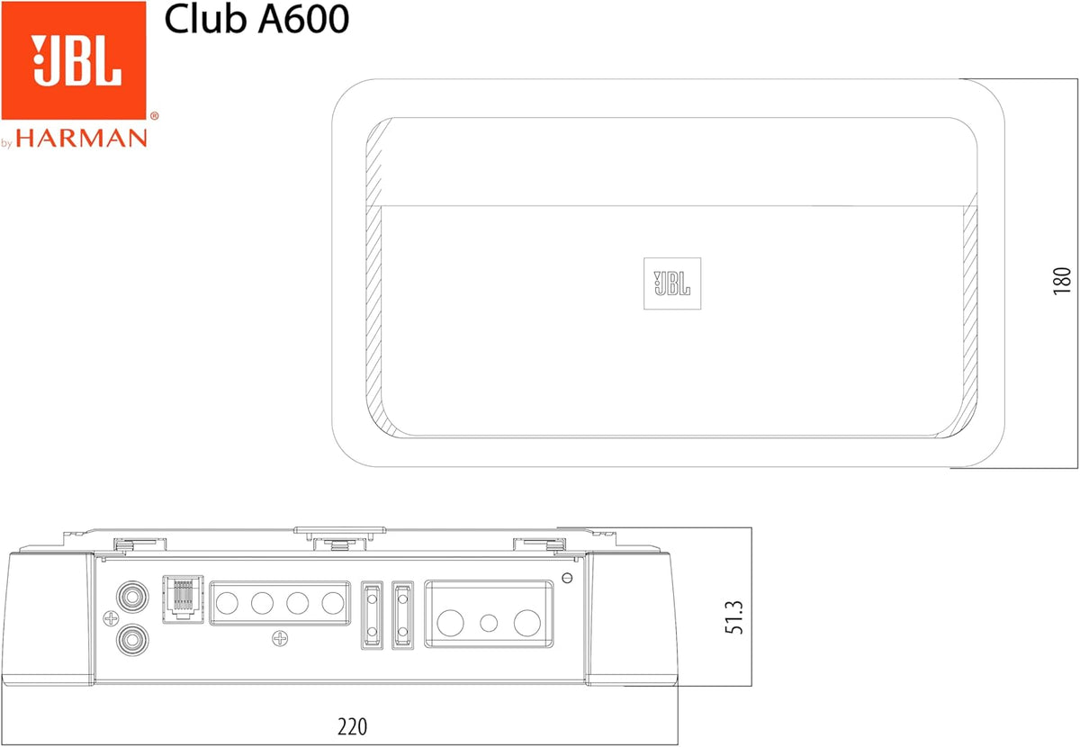 JBL Club A600 Mono Subwoofer Auto Versterker met 350W RMS op 4Ω, 600W RMS op 2Ω, Class D techniek, 10–320Hz bereik, variabele low-pass filter, bassboost en faseschakelaar voor systeemafstemming