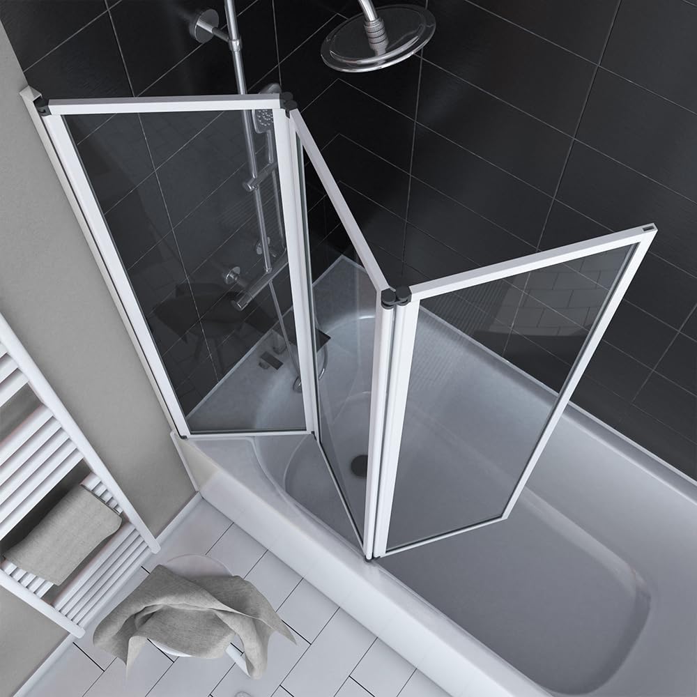 Marwell Triple White Douchewand voor badkuip, 125 x 143 cm, badvouwwand in wit, met helder glas