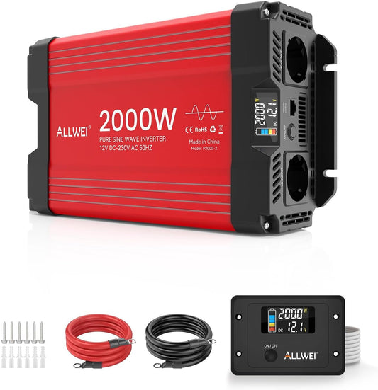 ALLWEI 2000 W zuivere sinus omvormer, 12 V naar 230 V, spanningsomvormer voor thuis, camper, vrachtwagen, netonafhankelijke zonne-installaties, omvormer, inverter 12 V 220 V, piekvermogen 4000 W - QUORE