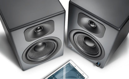 wavemaster TWO PRO stone gray – luidsprekersysteem (110 Watt) met Bluetooth streaming, digitale poorten en IR-afstandsbediening actieve boxen gebruik voor tv/tablet/smartphone, donkergrijs (66352)