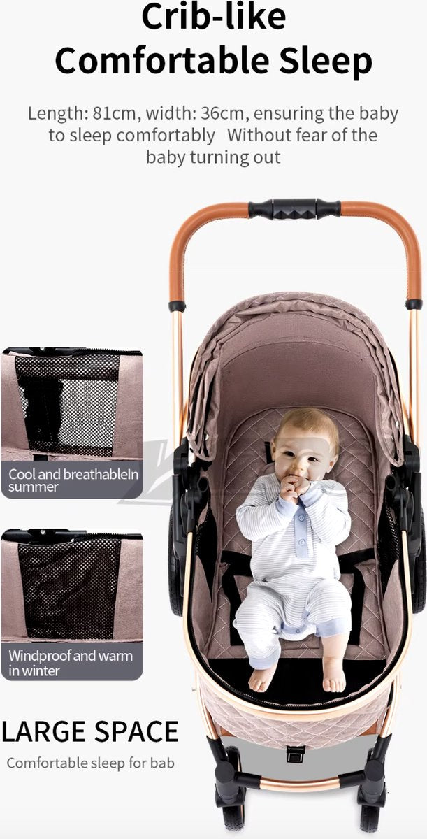 Kinderwagen 3 in 1 - Kinderwagen - Bedje - Buggy - Autostoel - Opvouwbaar - Aluminium frame - Blauw - Goud - Bruin