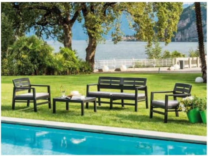 Garden furniture set, 4-piece, anthracite, 2-seater sofa + 2 armchairs + coffee table + 3 cushions ecru - QUORE