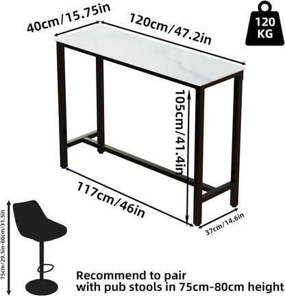Bartafel Rechthoek Gesinterde Steen: 120cm Lange Witte Marmeren Bartafels Barhoogte 105cm Cocktailtafel Barmeubels voor Thuis Keuken Ontbijt Eethoek, Pub, Coffeeshop, Kantoor, Appartement