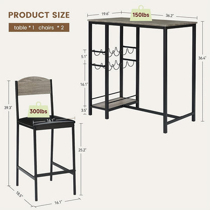 Bartafel – Statafel – Barset – Eettafel – Hoge Tafel – Retro Bruin – Met Wijnrek & Opbergrek – MDF Houten Blad Met Metalen Frame