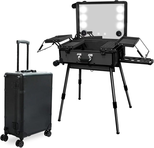 EBANKU Professionele Make-upkoffer, Rolling Makeup Travel Case Trolley Cosmetic Case met Verlichte Spiegel en Bluetooth, Multifunction Artist Cosmetic Case Hairdressing Trolley