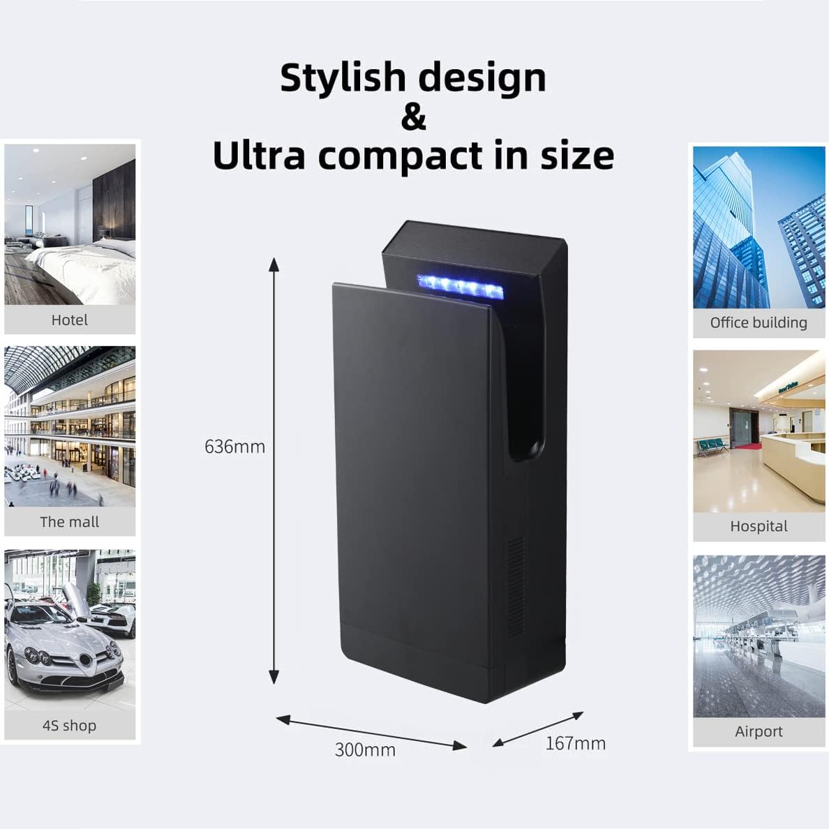 QL Elektrische Handdroger met UV-Sterilisatie en HEPA-Filter,Hoge Snelheid 1350W,Anion Functie,voor Commerciële Toiletten Hygiëne,Matzwart
