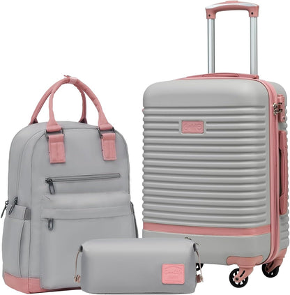 COOLIFE Koffer trolley reiskoffer ABS harde schaal TSA-slot, bevat 1 reisrugzak en 1 toilettas, grijs/roze, Handgepäck-Set 3tlg, Reisset, prachtig ontworpen