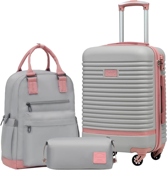 COOLIFE Koffer trolley reiskoffer ABS harde schaal TSA-slot, bevat 1 reisrugzak en 1 toilettas, grijs/roze, Handgepäck-Set 3tlg, Reisset, prachtig ontworpen