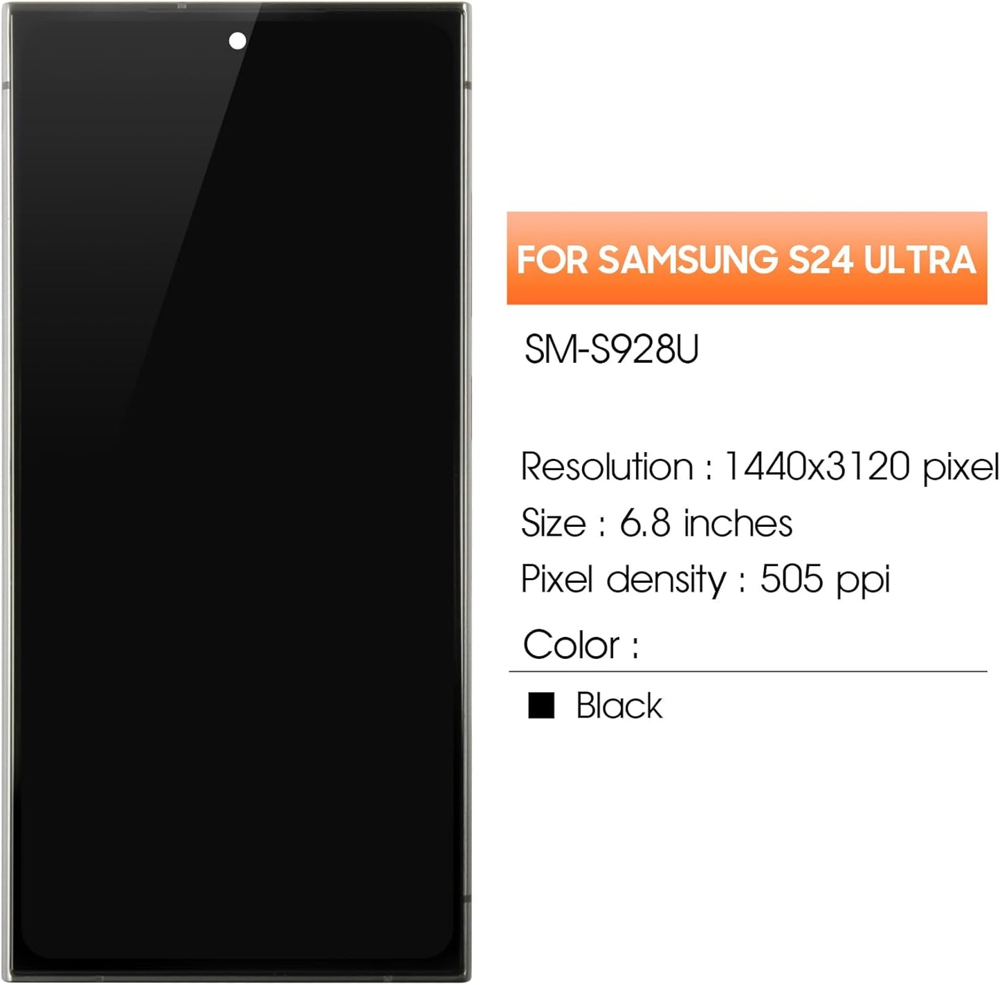 (US Versie) OLED LCD-scherm voor Samsung Galaxy S24 Ultra SM-S928U SM-S928U1 6,8 inch lcd-display, reservescherm, touchscreen, montage met reparatie (zwart met frame, vingerafdrukhouder)