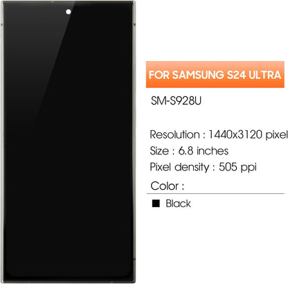 (US Versie) OLED LCD-scherm voor Samsung Galaxy S24 Ultra SM-S928U SM-S928U1 6,8 inch lcd-display, reservescherm, touchscreen, montage met reparatie (zwart met frame, vingerafdrukhouder)