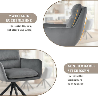 Eetkamerstoel 360° draaibaar fluweel met armleuningen, set van 1 comfortabele gevoerde keuken met dubbele rugleuning en afneembaar kussen, moderne draaistoel voor woonkamer, kantoor