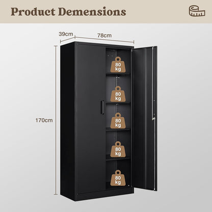 Steel Storage Cabinet, Steel Filing Cabinet with Lock, 4 Adjustable Shelves, Double Doors, Multifunctional Tool Cabinet for Study Room, Garage, Black