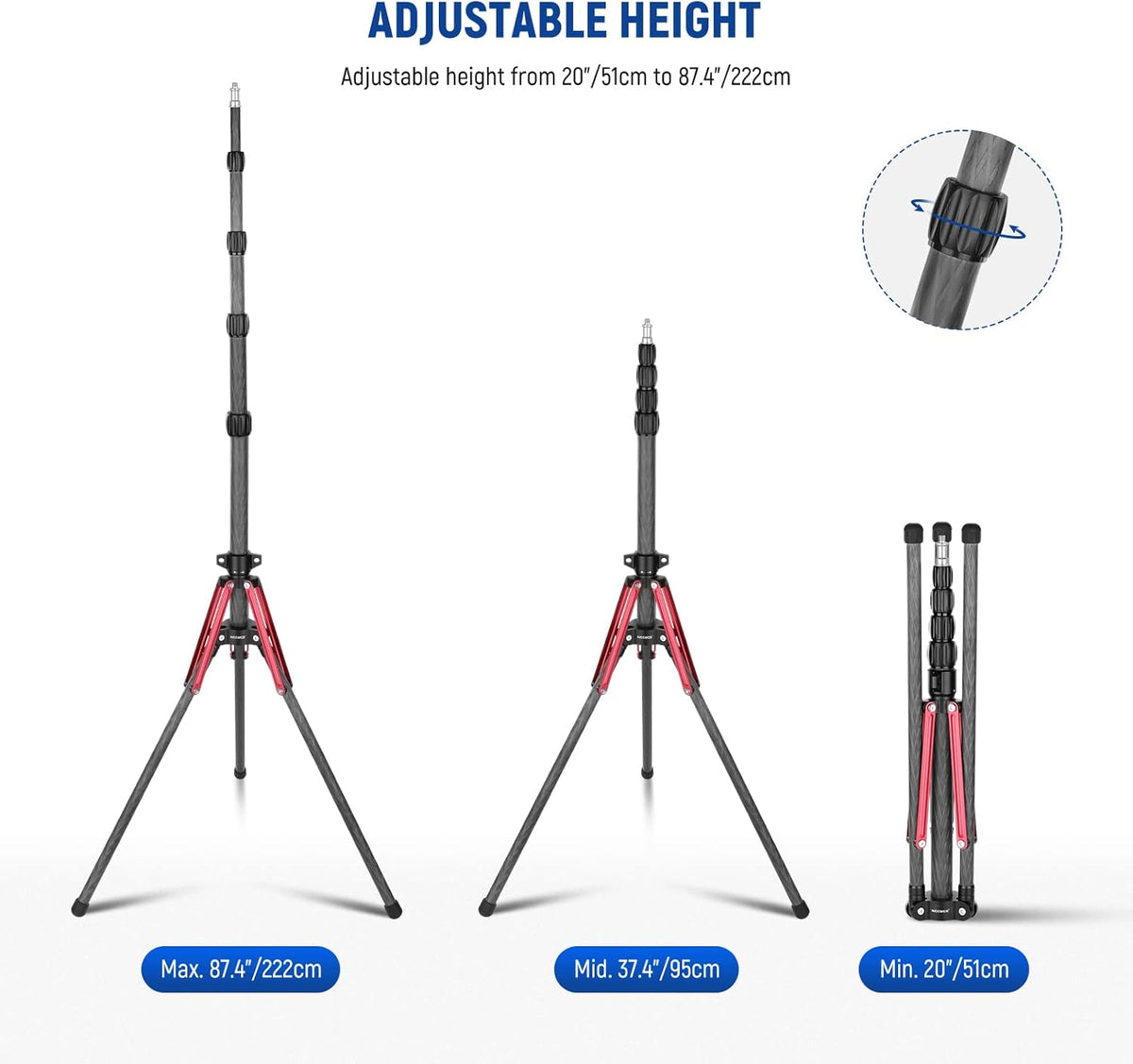 Lichtstandaard – Lampstatief – Fotostatief – Reisstatief – Studio Statief – Koolstofvezel – 180° Omkeerbare Poten – 51 Tot 220 Cm – 3,5 Kg Draagkracht