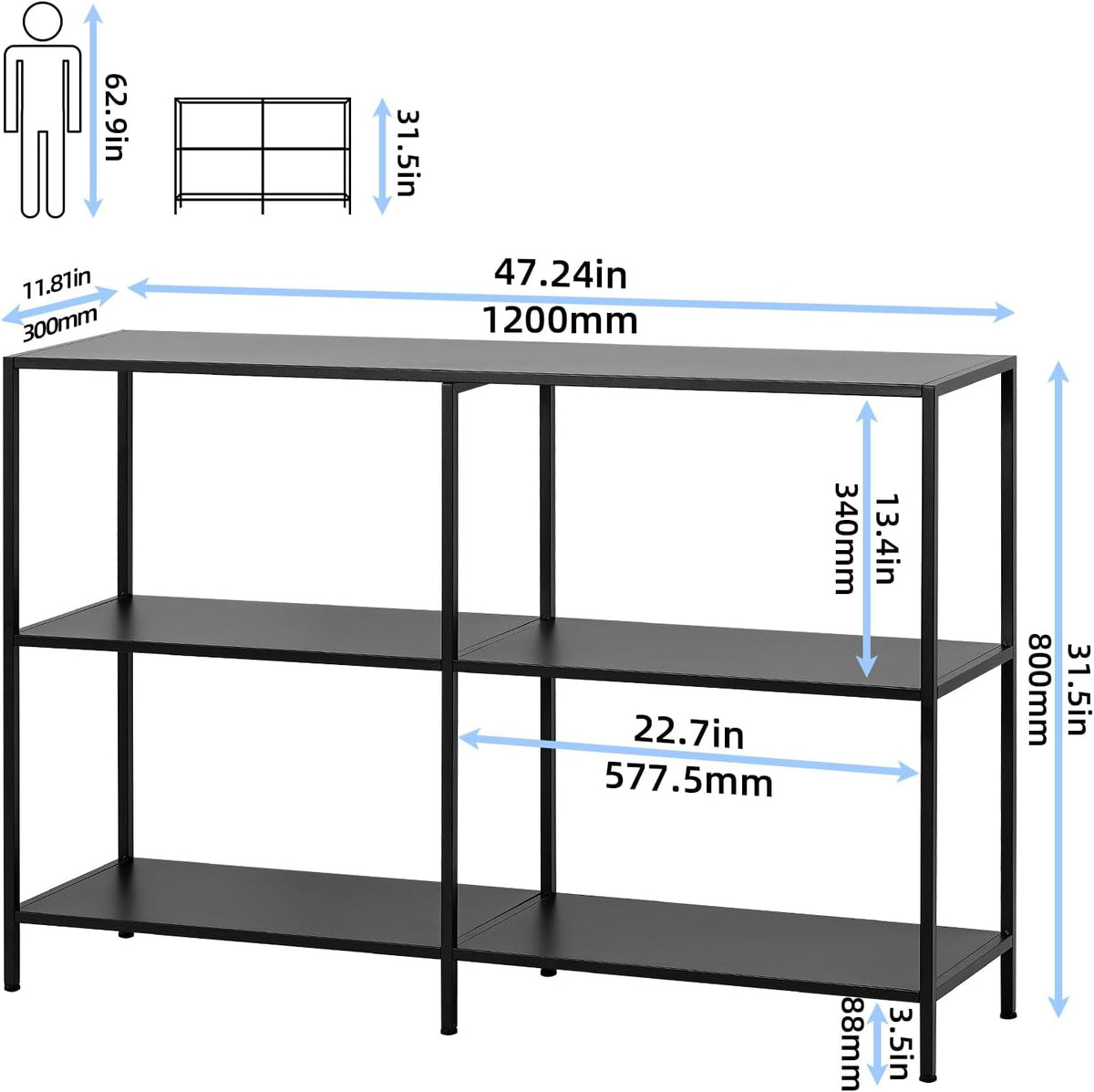 HDANI Metalen consoletafel van 120 cm met 3 niveaus, smalle ingangstafel, moderne sofatafels voor entree, woonkamer, slaapkamer, zwart