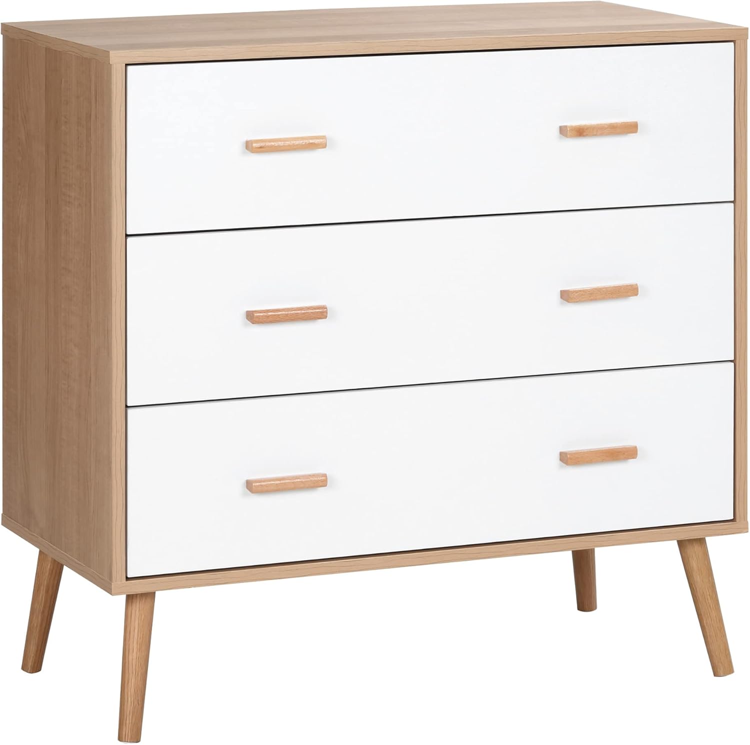 HOMCOM Chest of Drawers with 3 Drawers, Sideboard, Chest of Drawers, Cupboard, Multifunctional Cabinet, Living Room, Dining Room, Scandinavian Design, White and Natural, 80 x 39 x 80 cm - QUORE