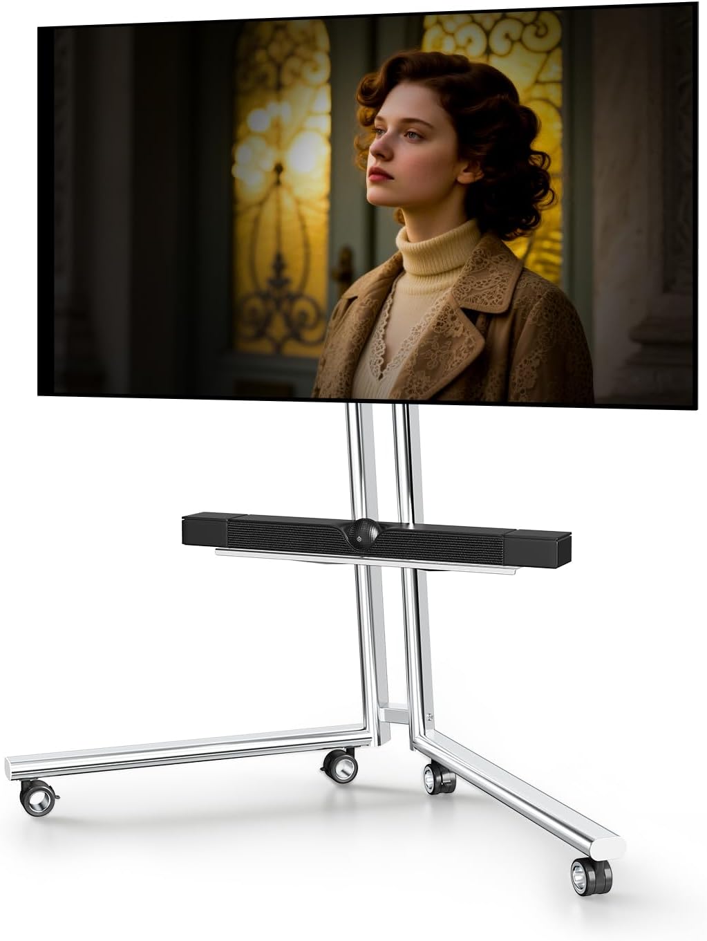 Mobiele tv-kar ezel rollende tv-standaard met soundbar-plank voor schermen van 32 tot 65 inch, minimalistisch roestvrijstalen frame met 360 ° wielen, draagbare vloer-tv's staan tot 80 lbs Max VESA